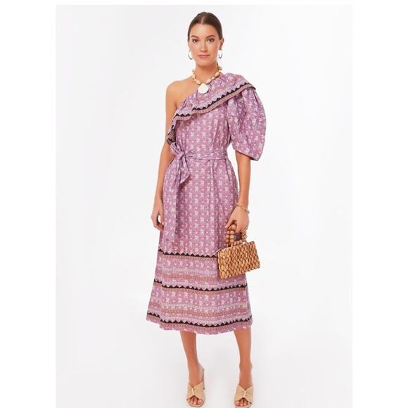 Sea NY Perry Border One Shoulder Floral Dress Lilac Puff Sleeve Midi Sz XS - Picture 1 of 10